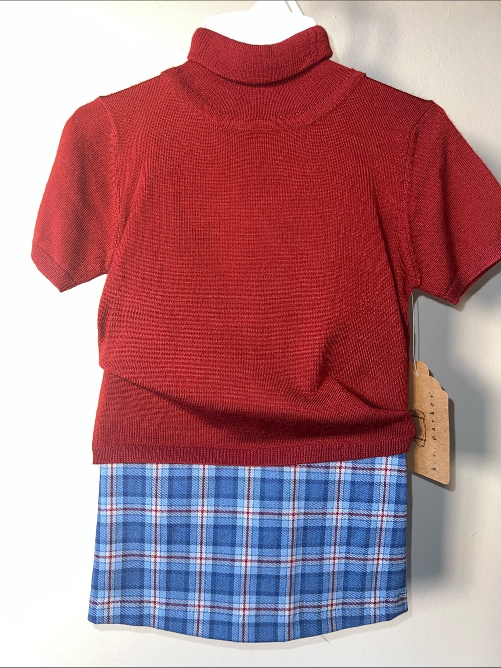 Vintage 2piece Red Short-Sleeve Mock Neck Sweater Top with Blue Plaid Skirt.